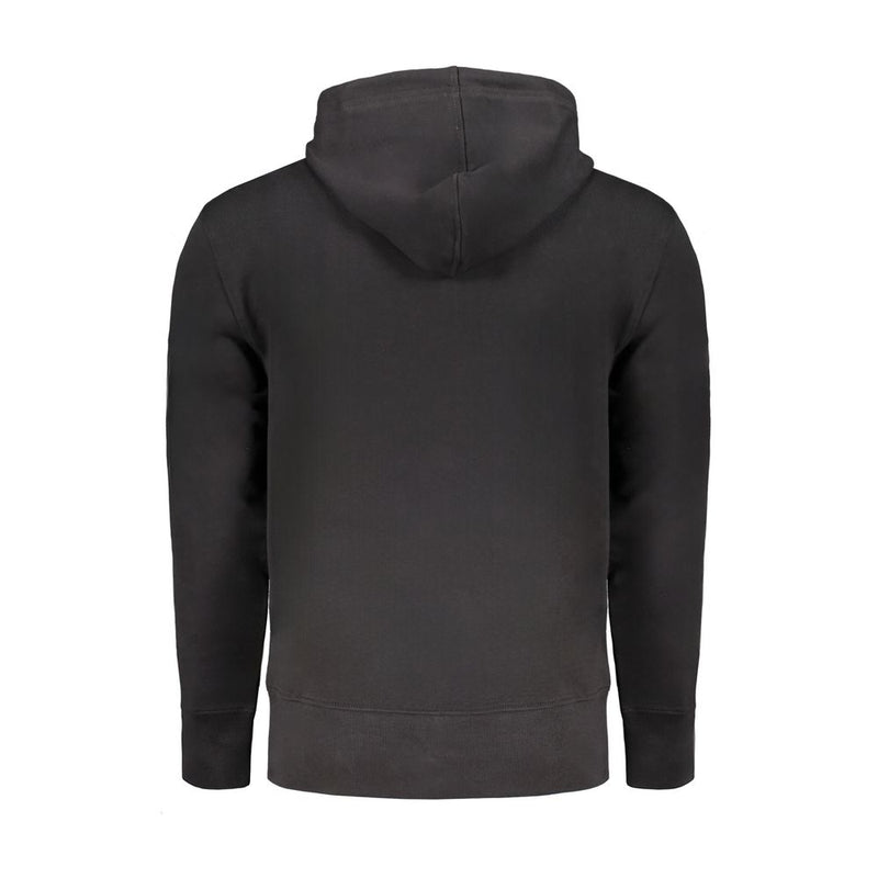 Black Cotton Men Sweater with Hood and Central Pockets