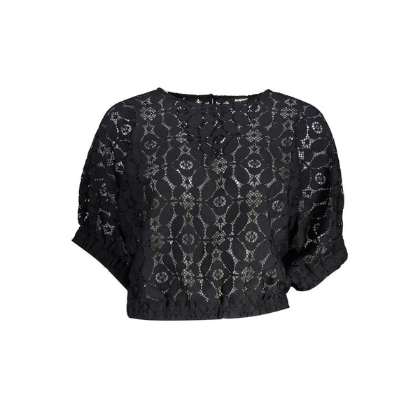 "Black Polyester Women Blouse with Contrasting Elastic Waistband"