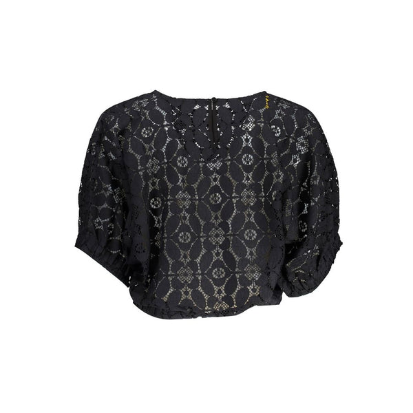 "Black Polyester Women Blouse with Contrasting Elastic Waistband"