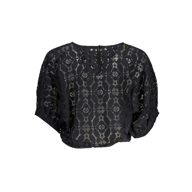 "Black Polyester Women Blouse with Contrasting Elastic Waistband"
