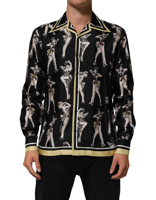 Black Silk Pin Up Printed Button Down Shirt