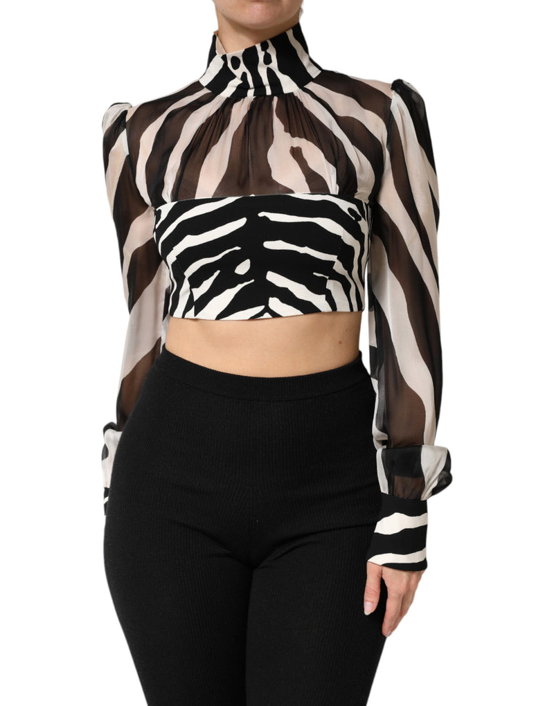 Zebra Print Chiffon Paneled Crop Blouse Top