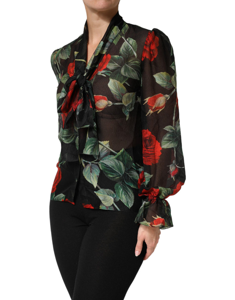 Black Floral Long Sleeves Silk Blouse Top