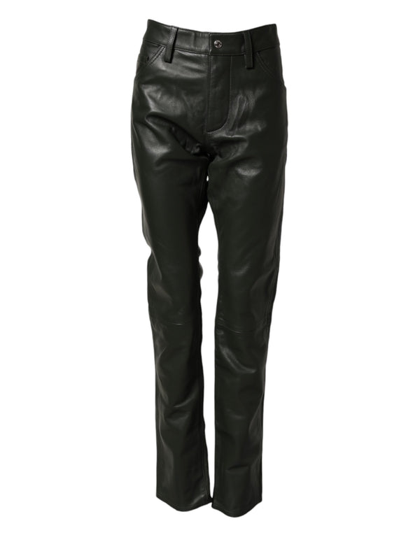 Black Full Grain Leather Mid Waist Trouser Pants