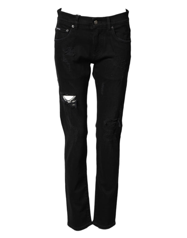 Black Tattered Cotton Men Skinny Denim Jeans