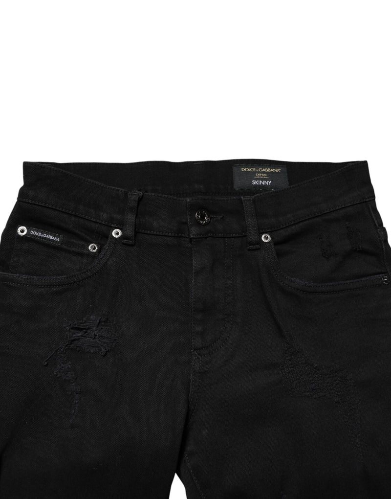 Black Tattered Cotton Men Skinny Denim Jeans
